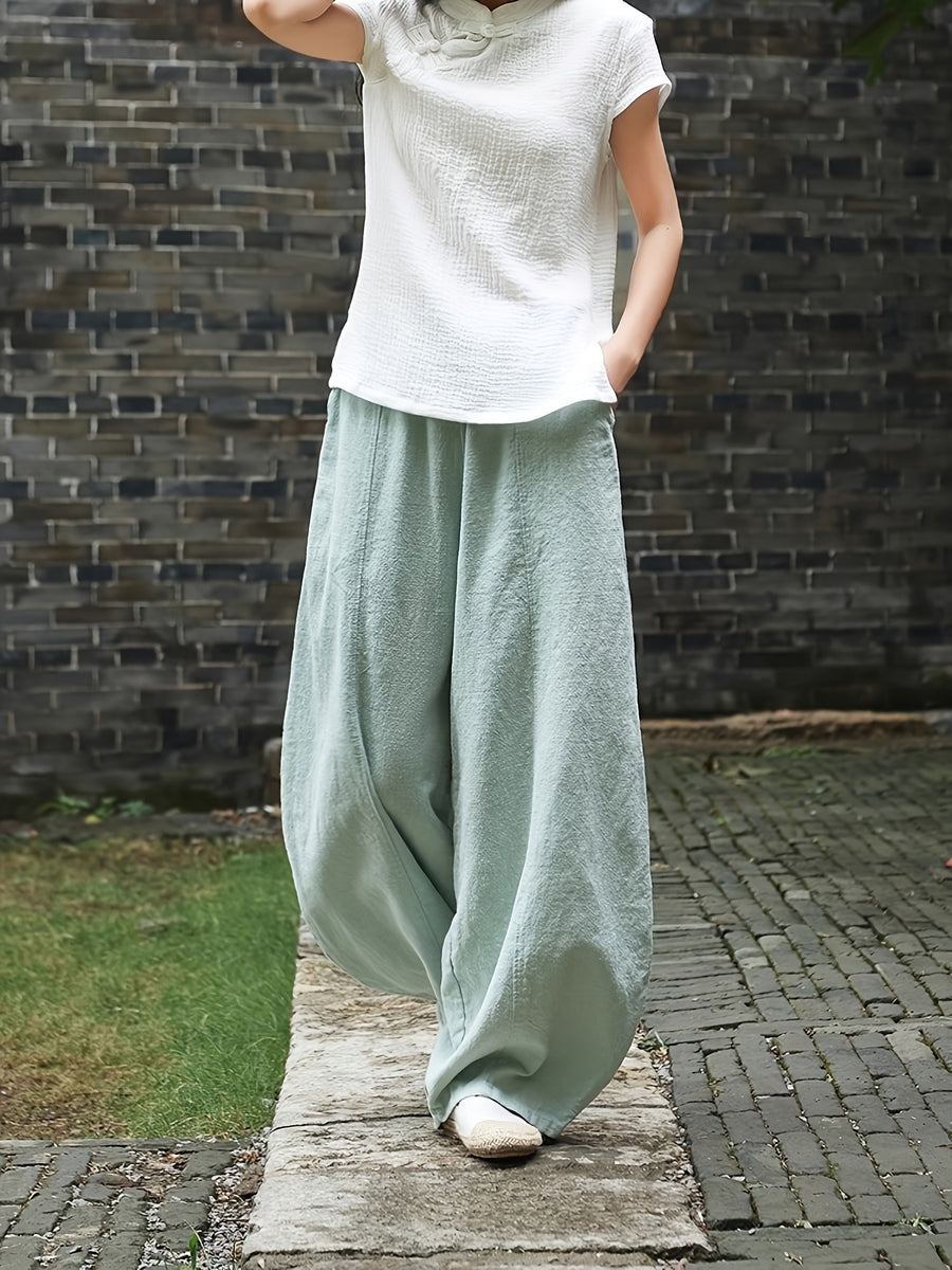 Plus Size Oversized Pocket Design Loose Straight-Leg Pants, Solid Color Minimalist Fashion Style, Suitable for Summer And Spring Wear - Powder blue