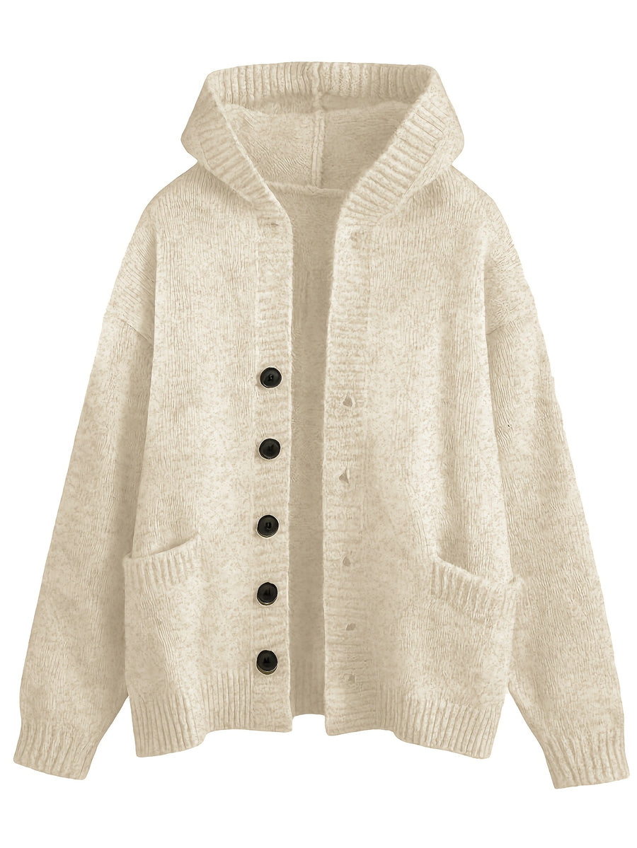 Retro Solid Color Single Button Hooded Cardigan Sweater, Loose Casual Style Versatile Outerwear Knit Top - Ivory White