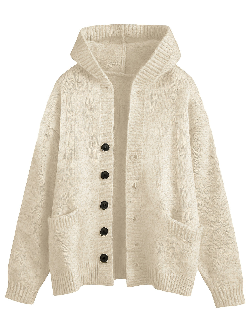 Retro Solid Color Single Button Hooded Cardigan Sweater, Loose Casual Style Versatile Outerwear Knit Top - Ivory White