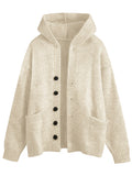 Retro Solid Color Single Button Hooded Cardigan Sweater, Loose Casual Style Versatile Outerwear Knit Top - Ivory White