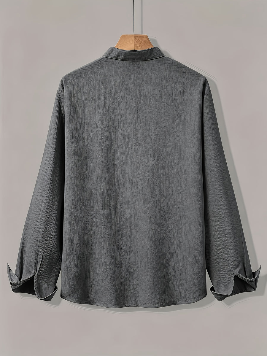 [Qiaoximei OBM] Men'S Clothing New Stand-Collar Solid Color Long Sleeve Shirt, Easy Stand-Collar Design, Spring Autumn Winter High-Quality Men'S Long Sleeve Button-Up Shirt - Suitable for Outdoor Leisure Vacation Travel Formal - Dark Gray