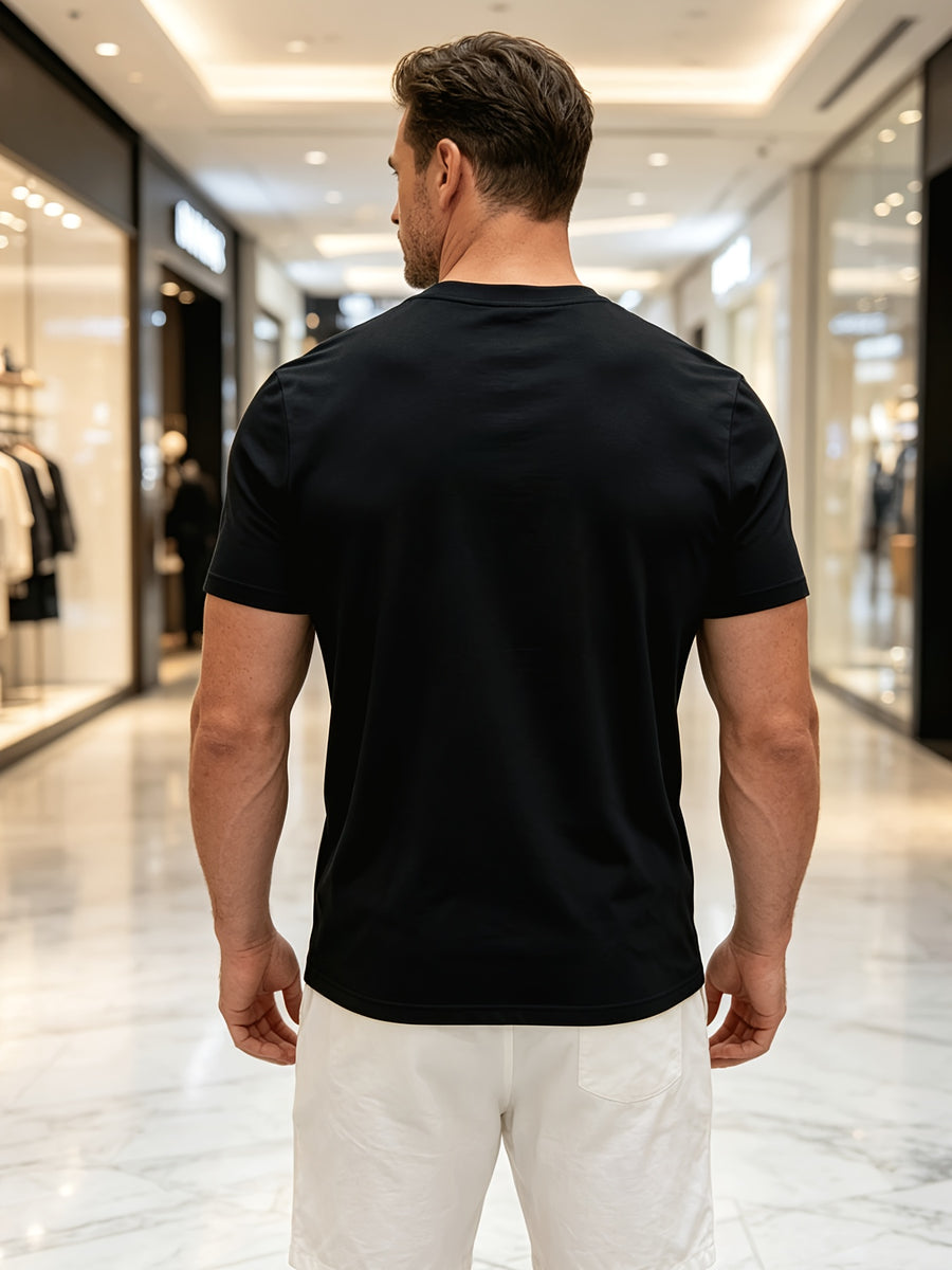 Men's High-Quality 100% Cotton V-Neck T-Shirt, Colorfast Washed, Resists Shrinkage and Fading, Solid Color Short-Sleeve Top for Middle-Aged Men, Suitable for Naps, Walks, Home, and Outdoor Wear - Black