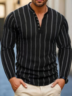 Men'S Fashion Men'S Clothing Top T-Shirt Autumn Winter Casual Striped Long Sleeve Shirt Button Sports Men'S Henley Shirt - Black