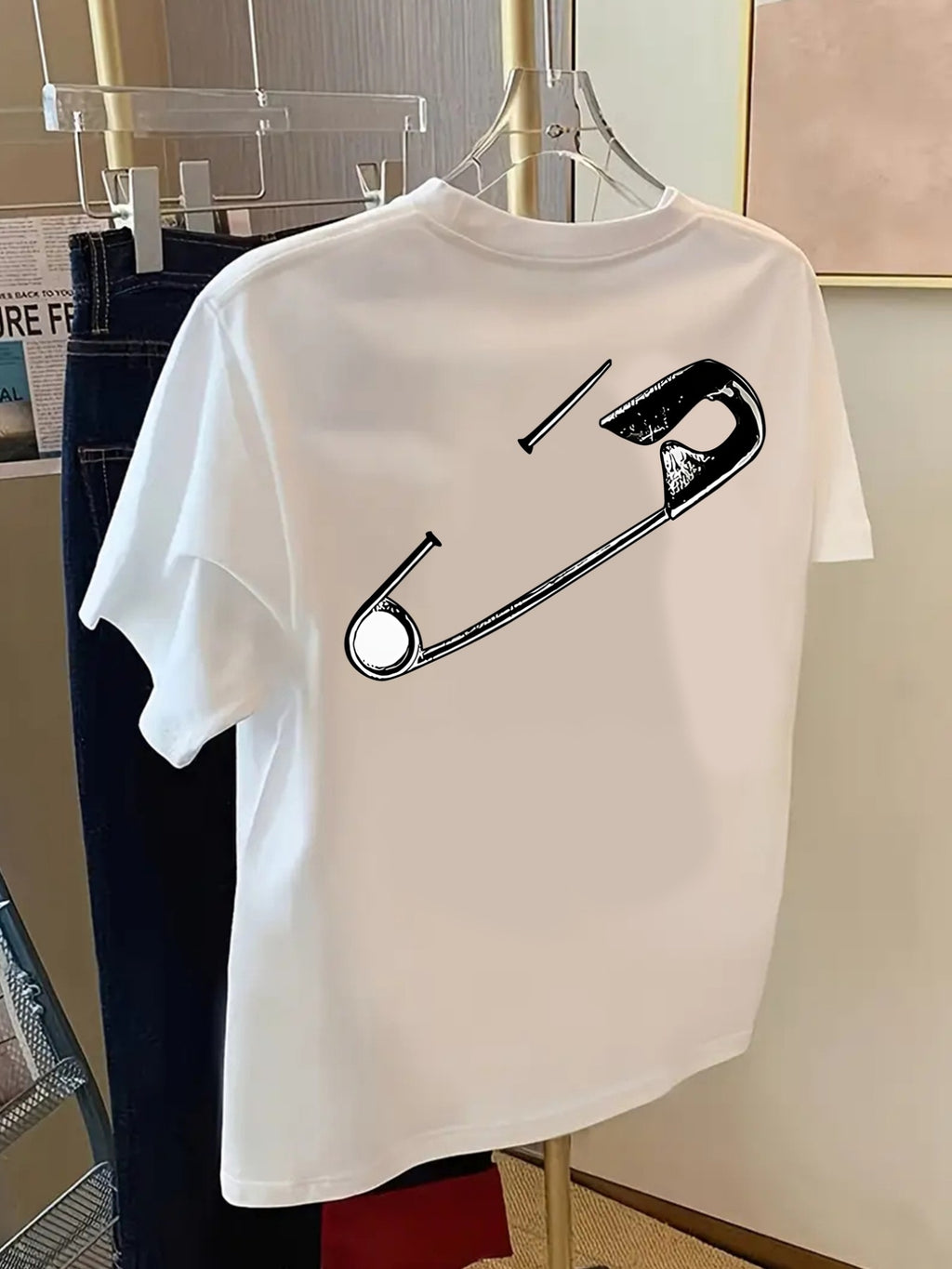 Front and Back Shortsleeve Tshirt Safety Pin, Punk Style Fashion Print Women's Spring and Summer Trendy Print Tshirt, Fashionable and Trendy Item - White