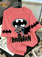 Official WB. Men's Short-sleeve T-shirt with Fun Cartoon Print Featuring the DC Batman Logo Character. Round-neck Top Suitable for Men's Casual Summer Daily Commutes, Home Wear, and Office Outfits - Watermelon Red