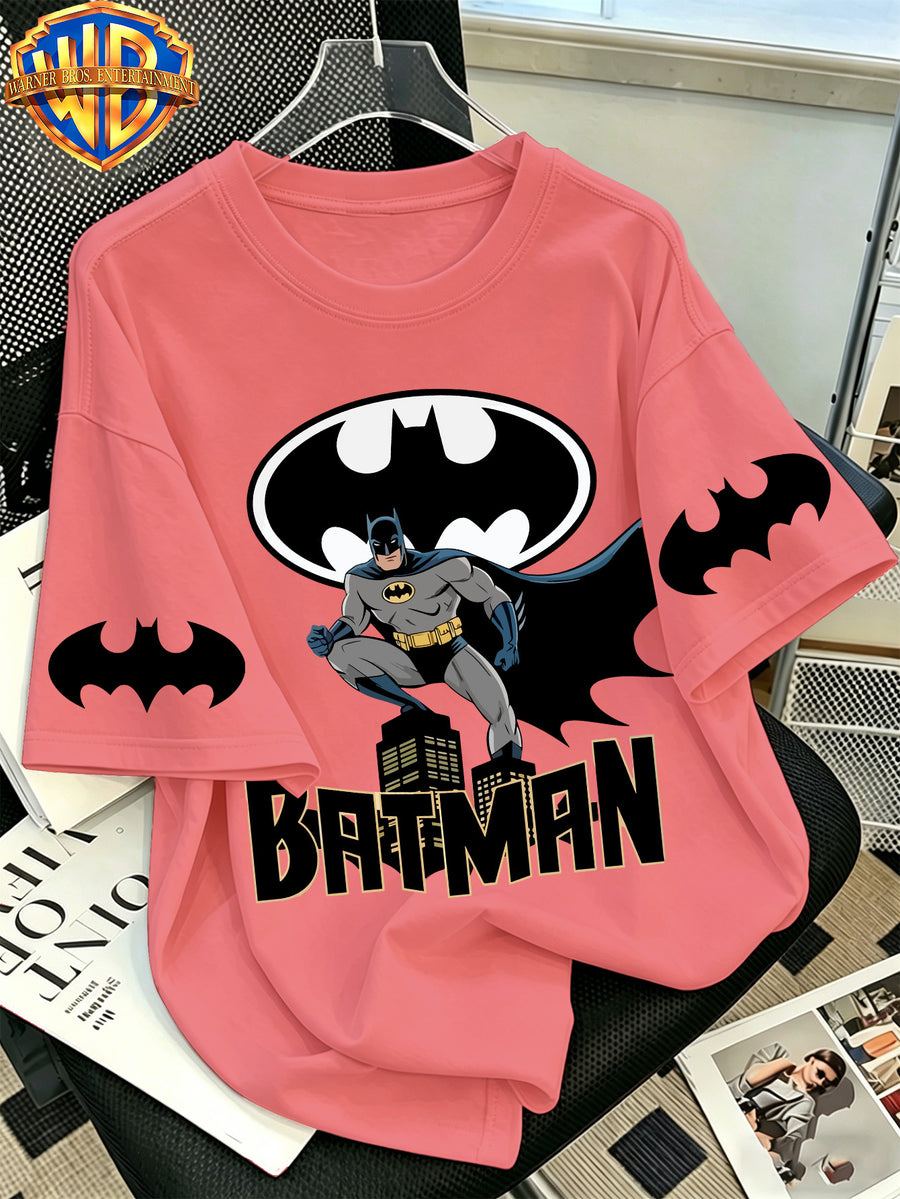 Official WB. Men's Short-sleeve T-shirt with Fun Cartoon Print Featuring the DC Batman Logo Character. Round-neck Top Suitable for Men's Casual Summer Daily Commutes, Home Wear, and Office Outfits - Watermelon Red