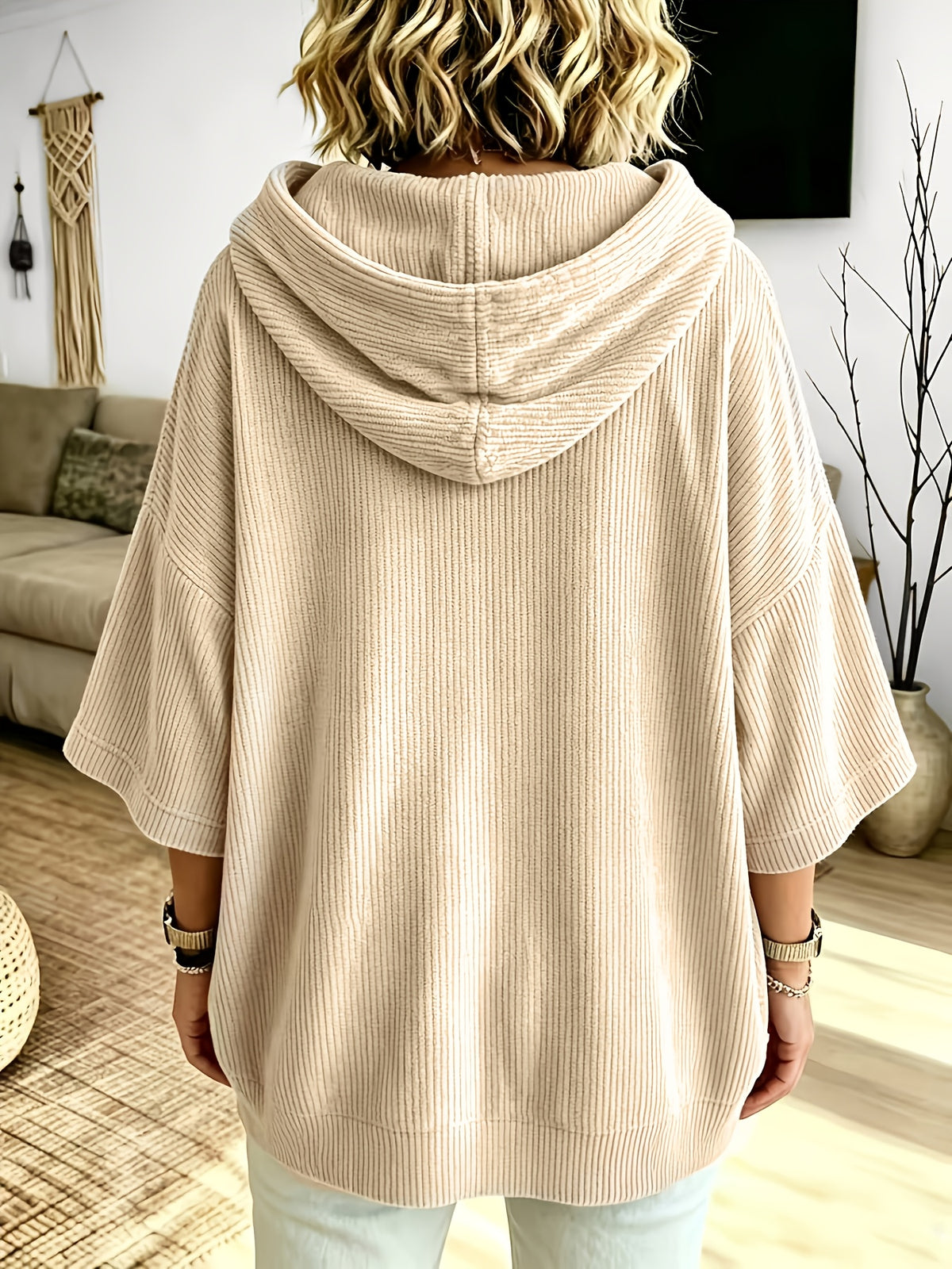 Plus Size, Women's Plus Size Corduroy Casual Drawstring Hooded Sweatshirt Top, Classic Versatile Hooded Top Elegant Women's Jacket, Loose Fit Comfortable Sweatshirt Jacket, Suitable for Commuting and Casual Wear - Apricot
