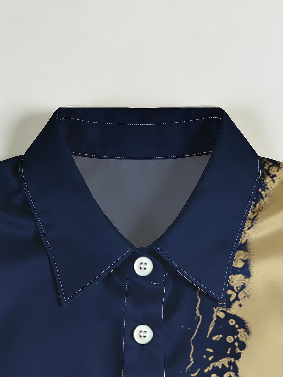 Women's Golden Ink Splatter Geometric Line Digital Print Color-Block Satin Lapel Long Sleeve Top - Multicolor
