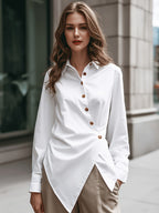 Design-Focused, Niche, Irregular Waist-Cinching, And Fashionable Long-Sleeved Shirt Top, Light Luxury British Style Shirt for Women, Spring Irregular Loose Design, Easy And Elegant Top, Trendy And Versatile, Cross-Button Irregular Shirt for Women - White