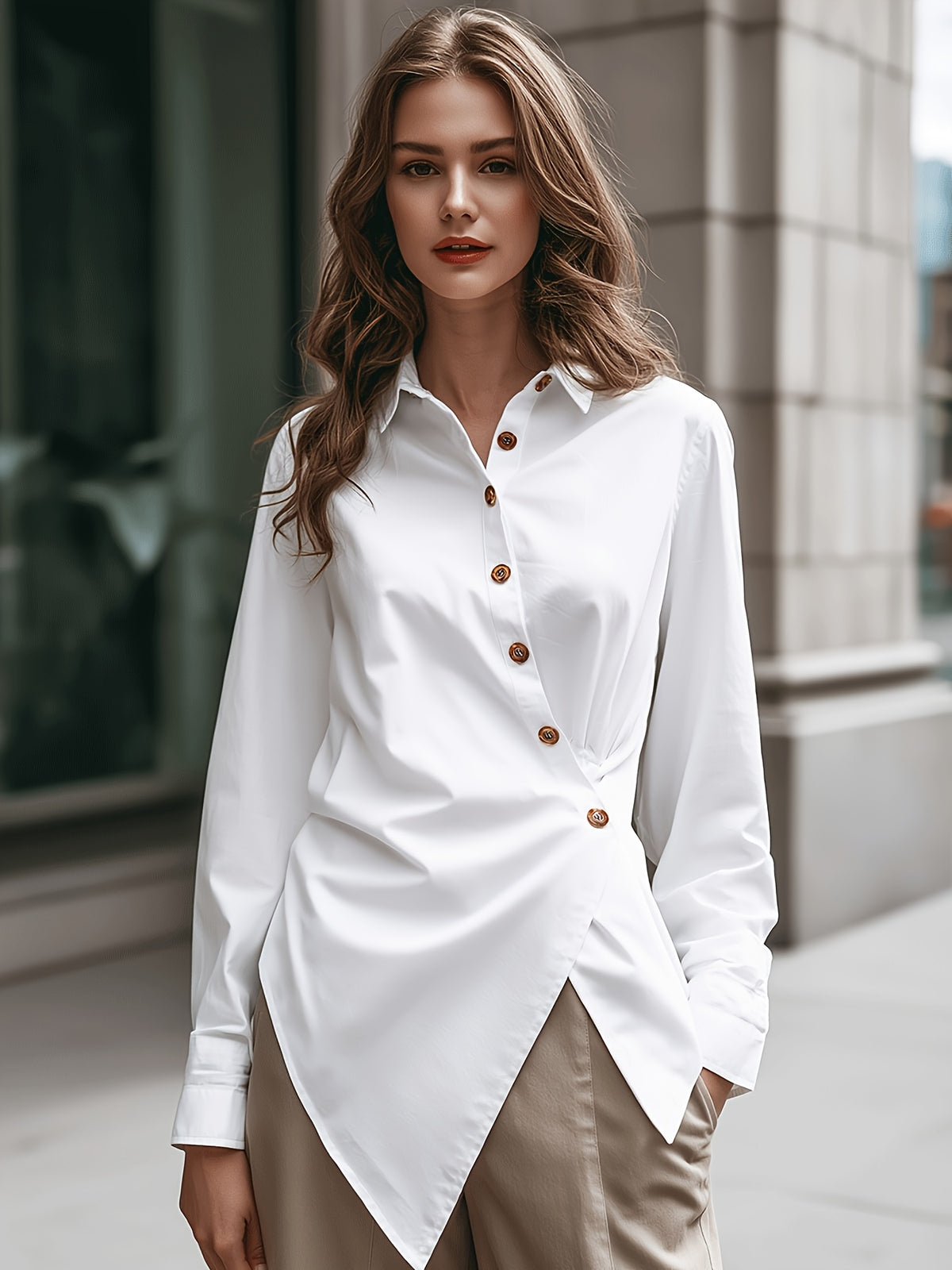Design-Focused, Niche, Irregular Waist-Cinching, And Fashionable Long-Sleeved Shirt Top, Light Luxury British Style Shirt for Women, Spring Irregular Loose Design, Easy And Elegant Top, Trendy And Versatile, Cross-Button Irregular Shirt for Women - White