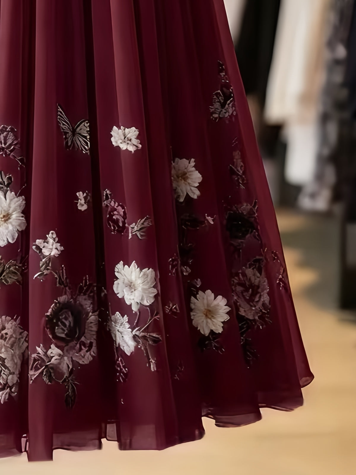 Spring and Autumn Women's Elegant Printed Midi A-Line Chiffon Skirt, Vacation Wear, Party Banquet Wear, Birthday Wear, Wedding Guest Wear, Easter Wear, Carnival Wear, Christmas Wear, Valentine's Day Wear, Holiday Wear, Suitable for Street Outings - Burgundy