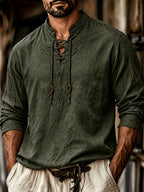 Men'S Vintage-Style Long-Sleeve Shirt with Tie Details - Medieval Style, Breathable And Machine Washable, Suitable for Spring And Summer Outdoor Activities. Men'S Vintage Tie-Front Shirt, Suitable for Renaissance, Viking, And Medieval Costumes - fern green