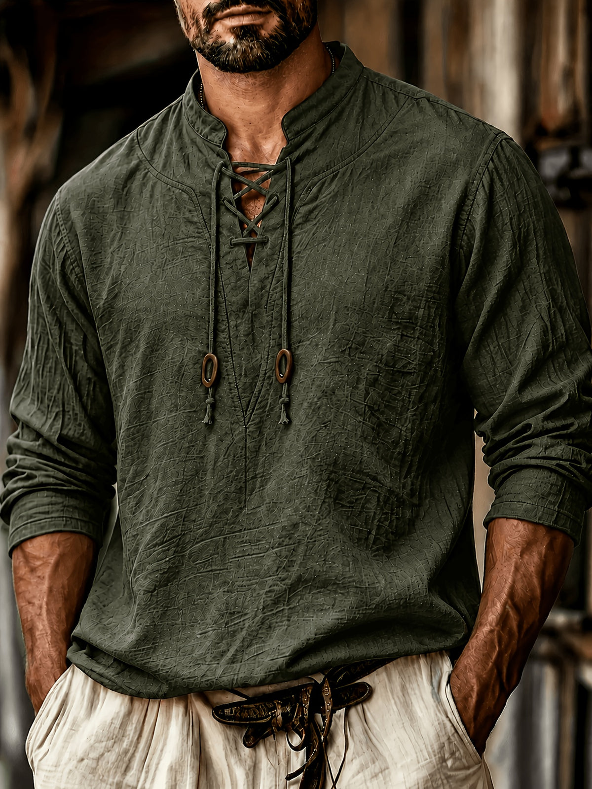 Men'S Vintage-Style Long-Sleeve Shirt with Tie Details - Medieval Style, Breathable And Machine Washable, Suitable for Spring And Summer Outdoor Activities. Men'S Vintage Tie-Front Shirt, Suitable for Renaissance, Viking, And Medieval Costumes - fern green