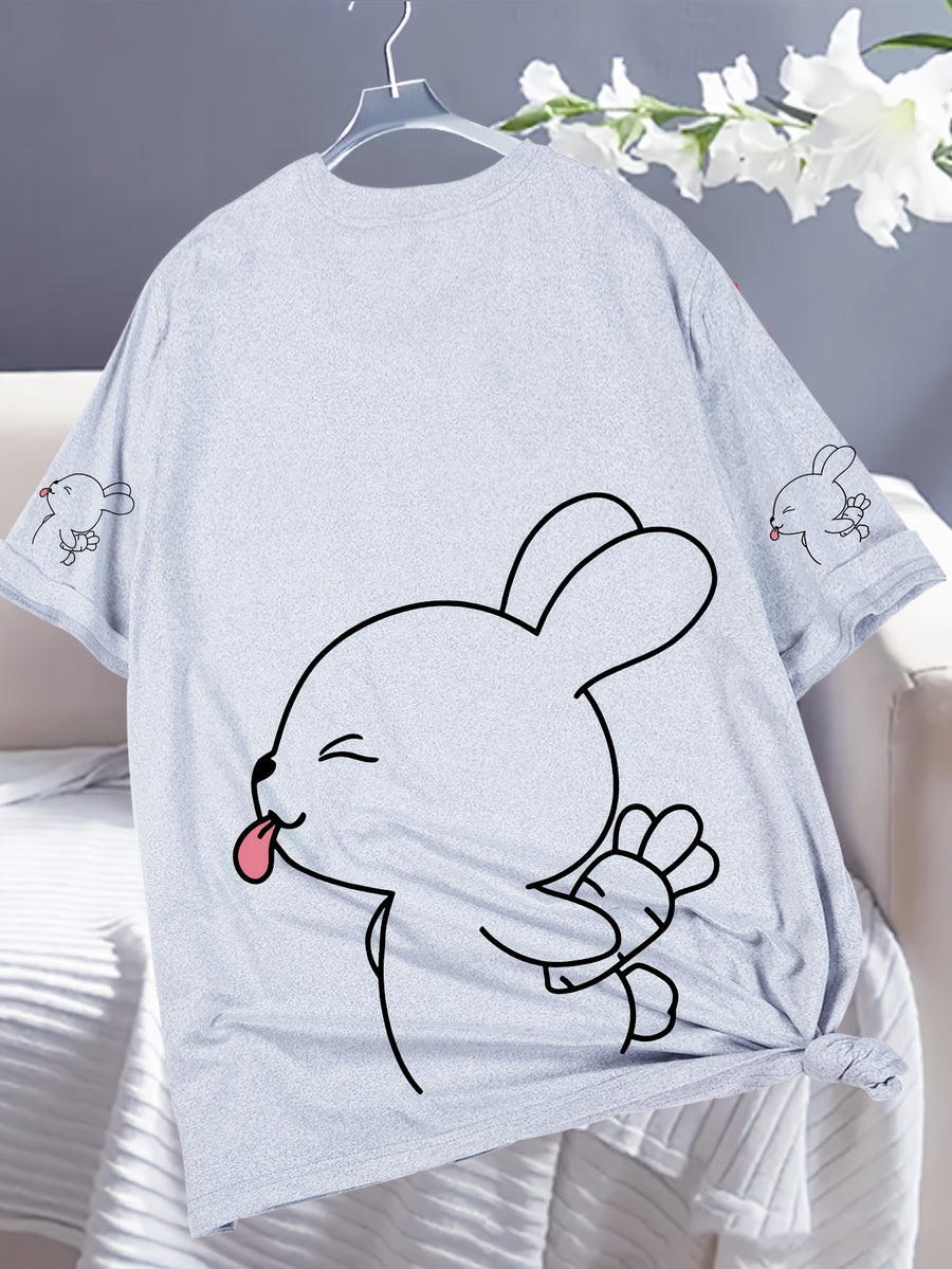 Cute Rabbit Print T-Shirt, Short Sleeve Crew Neck Casual Top for Summer And Spring, Women'S Clothing - Light Grey