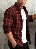Men's Autumn/Winter Long-Sleeve Plaid Casual Shirt M0149; Christmas Apparel/New Year Apparel/Men's Apparel/Casual Shirt - Burgundy