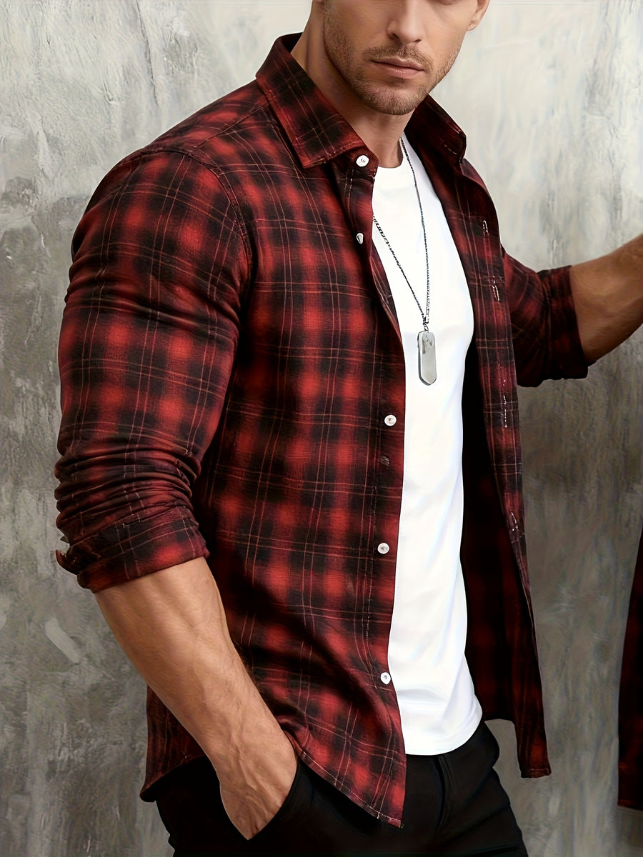 Men's Autumn/Winter Long-Sleeve Plaid Casual Shirt M0149; Christmas Apparel/New Year Apparel/Men's Apparel/Casual Shirt - Burgundy