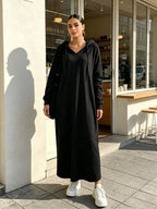 Plus Size, Autumn/Winter Lazy Leisure Y Home Pajamas, Long-Sleeve Drawstring Hooded Dress - Black