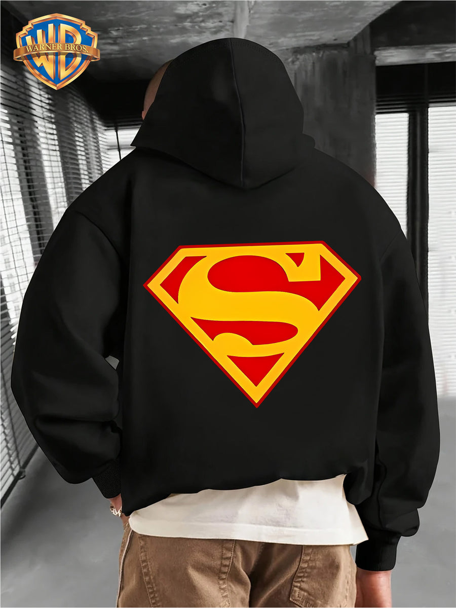WB Men's Superman 'S' Logo Hooded - Iconic WB Logo & Superman Emblem Print Hoodie, Loose-Fit Casual Pullover with Hood, Fall/Winter Warmth, Machine Washable Suitable for Fall/Winter Warmth, Iconic Superman - Black