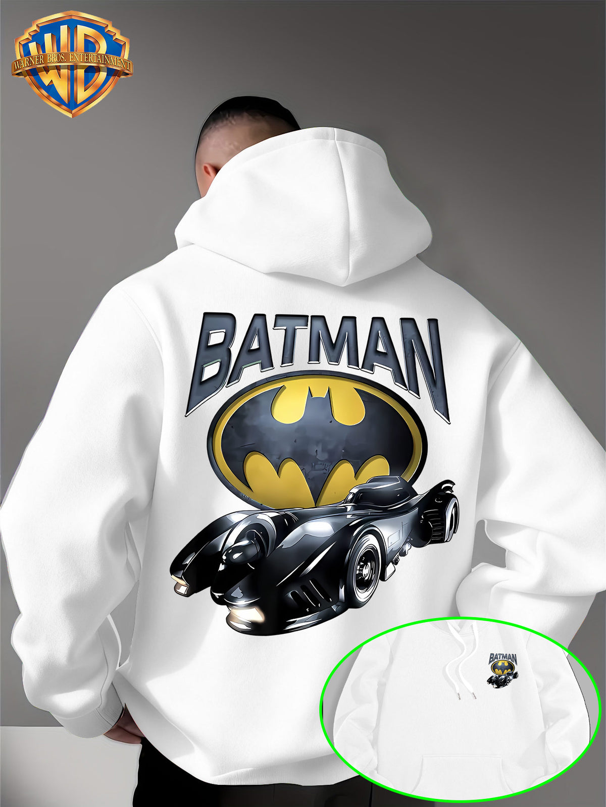 Batman Batmobile Print Hoodie, DC Movie Front-Back Print Loose Trendy Sweatshirt, Streetwear Casual Men'S Adjustable Drawstring Hoodie, Comfortable Casual Fall/Winter Wear, Fleece-Lined Warm, Suitable for Sports, Outdoor, Outings, Travel - White