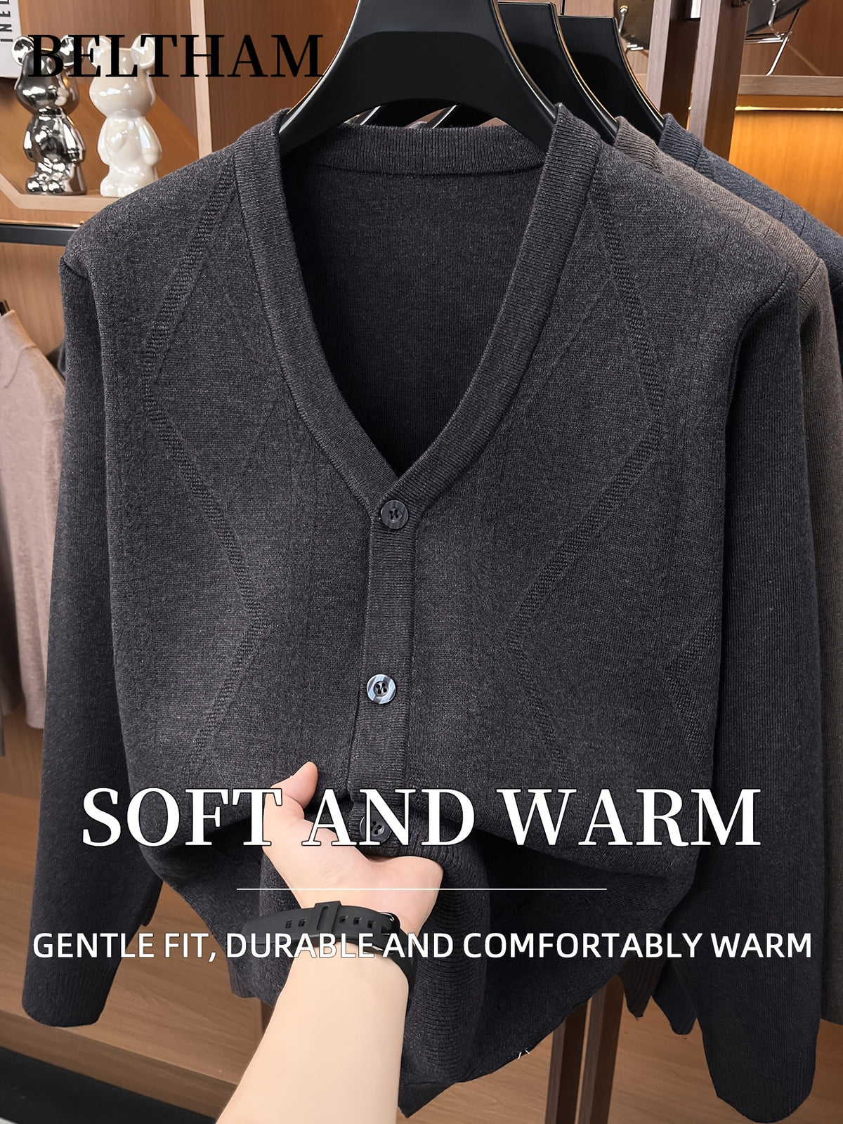 Autumn Winter Men Thick Knit Cardigan, Ideal Gift for Dad and Father, Button Design with Pockets, Warm Cold Resistant Soft Comfortable Sweater, Elegant Versatile Top Cardigan Coat for Daily Casual Business Sports Fishing Camping Wear - Black
