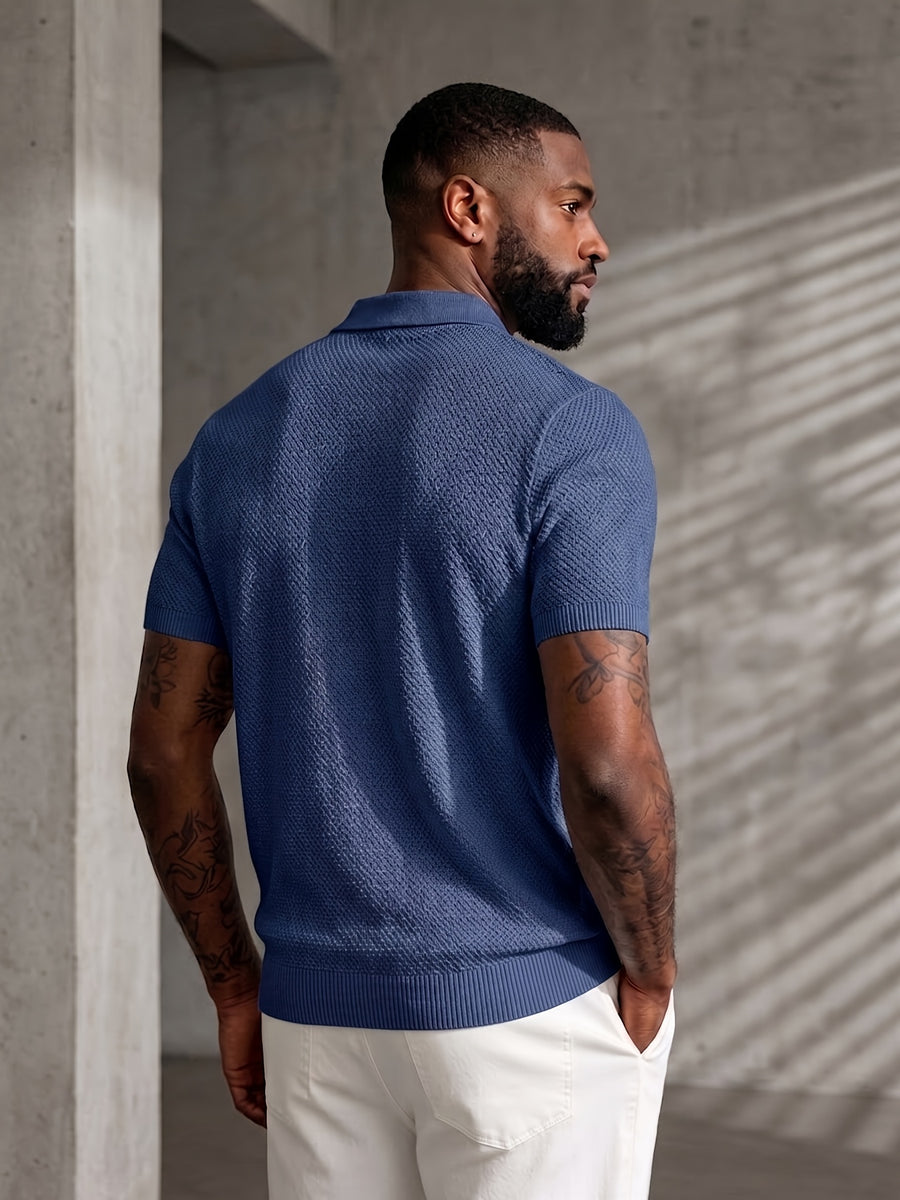 Men's Mature Business Style Knit Polo Shirt, 100% Pure Fabric, Breathable and Skin-friendly. Honeycomb Texture Jacquard Design, Simple Solid Color, Paired with a Three-button Lapel Collar, Clean Cut for a Flattering Fit. Suitable for Summer Commuting - Navy
