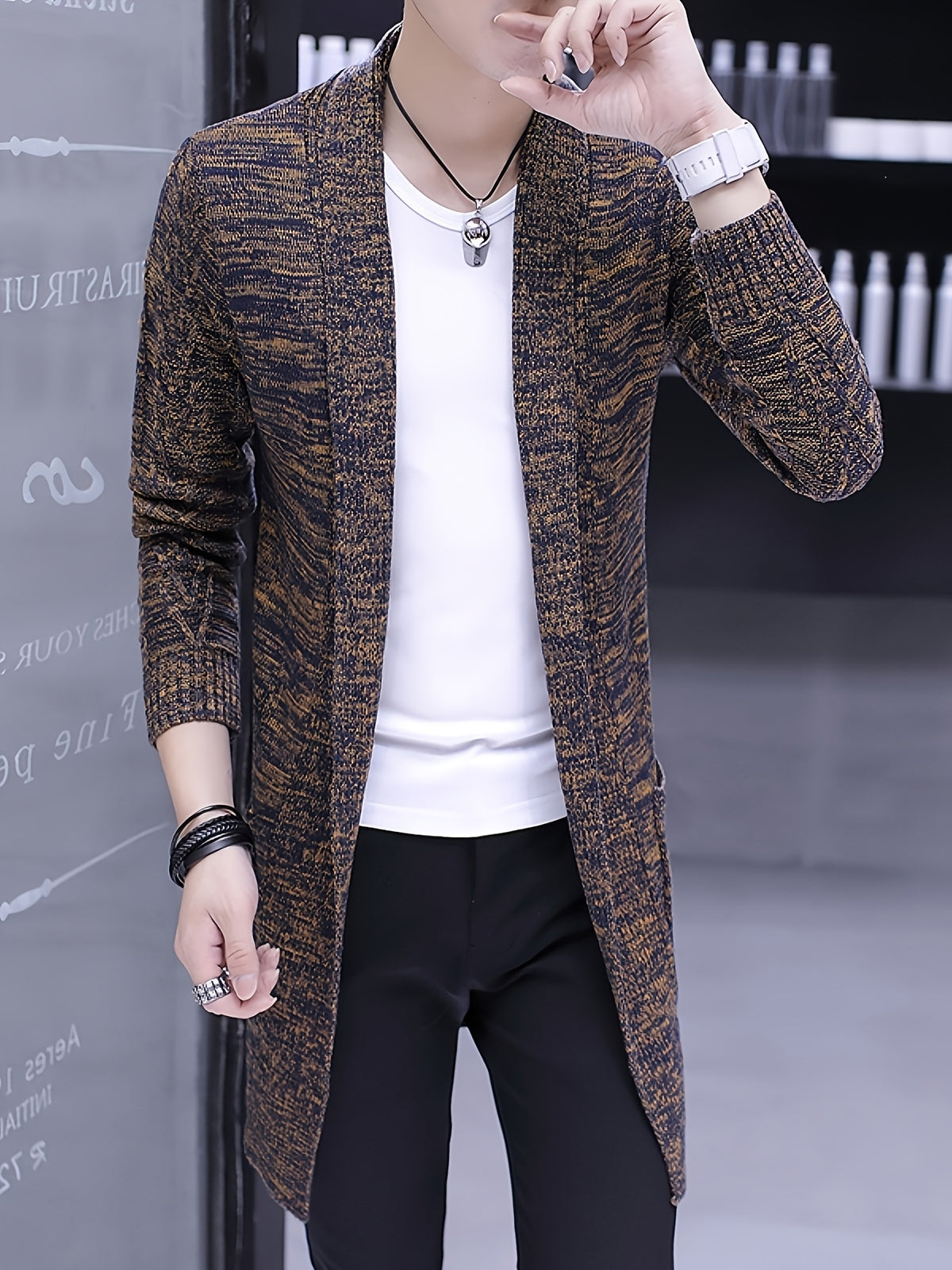 Men's Autumn/Winter New Style Shawl Collar Long Knitted Cardigan, Buttonless Open Front Slim Fit Long Sleeve Casual Sweater Jacket for Men - WE9309 Coffee Brown