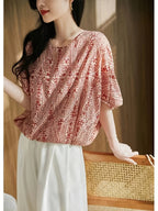 Elegant Blue and White Paisley Print Shirt, Bat Sleeves, Loose Fit Women's Round Neck Top, Women's Shirt - Red