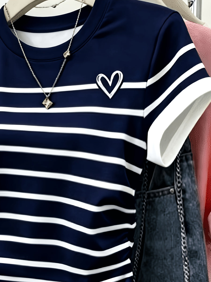 Women'S Summer Thin Korean Contrast Striped Short Sleeve Round Neck Heart Print T-Shirt - Blue Stripes