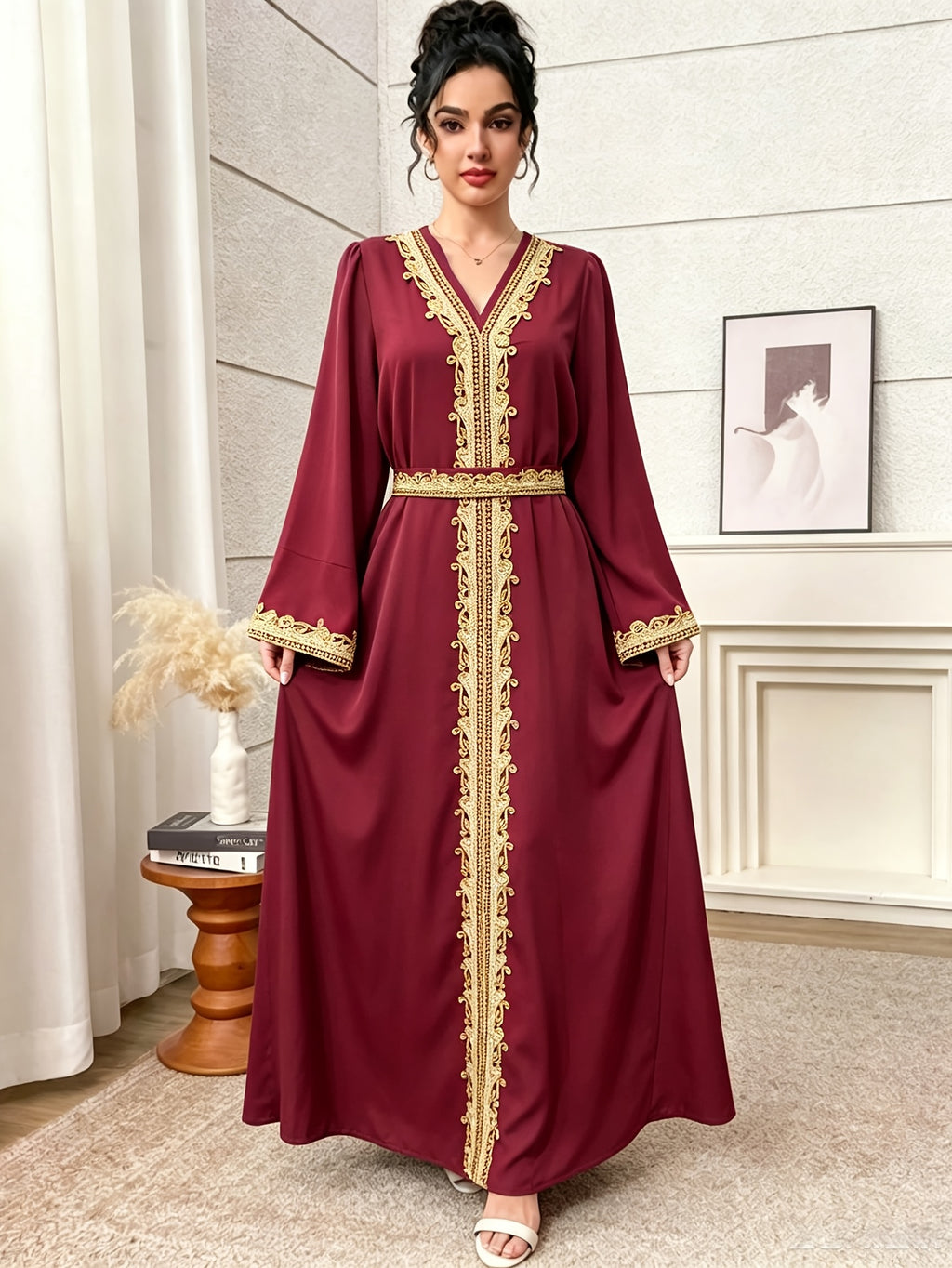 1pc Women's Elegant Kaftan Dress Golden Embroidery V-Neck Long Sleeve Abaya Maxi Dress Luxury Evening Party Gown with Belt White Embroidery Abaya Dress Women's V-Neck Long Sleeve Maxi Kaftan Luxury Contrast Golden Trim Party Gown - Deep Red