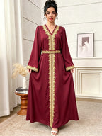 1pc Women's Elegant Kaftan Dress Golden Embroidery V-Neck Long Sleeve Abaya Maxi Dress Luxury Evening Party Gown with Belt White Embroidery Abaya Dress Women's V-Neck Long Sleeve Maxi Kaftan Luxury Contrast Golden Trim Party Gown - Deep Red