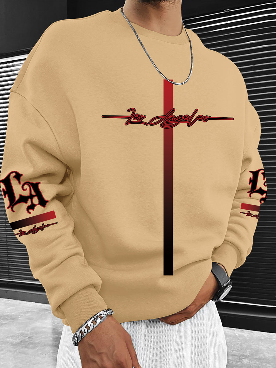 European and American Style Minimalist Round Neck Sweatshirt for Adult Men, "Los Angeles Regional Logo + Vintage Font Gradient Visual" - Khaki