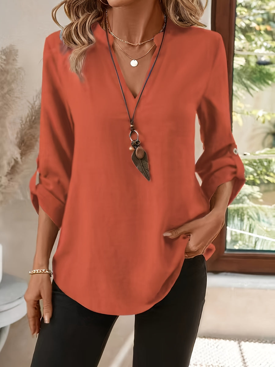 Elegant Women's Simple Casual Daily Short-Sleeve Solid Color Shirt, Spring/Summer Fashion Casual Outing Shirt, BK0608018 - Brick Red