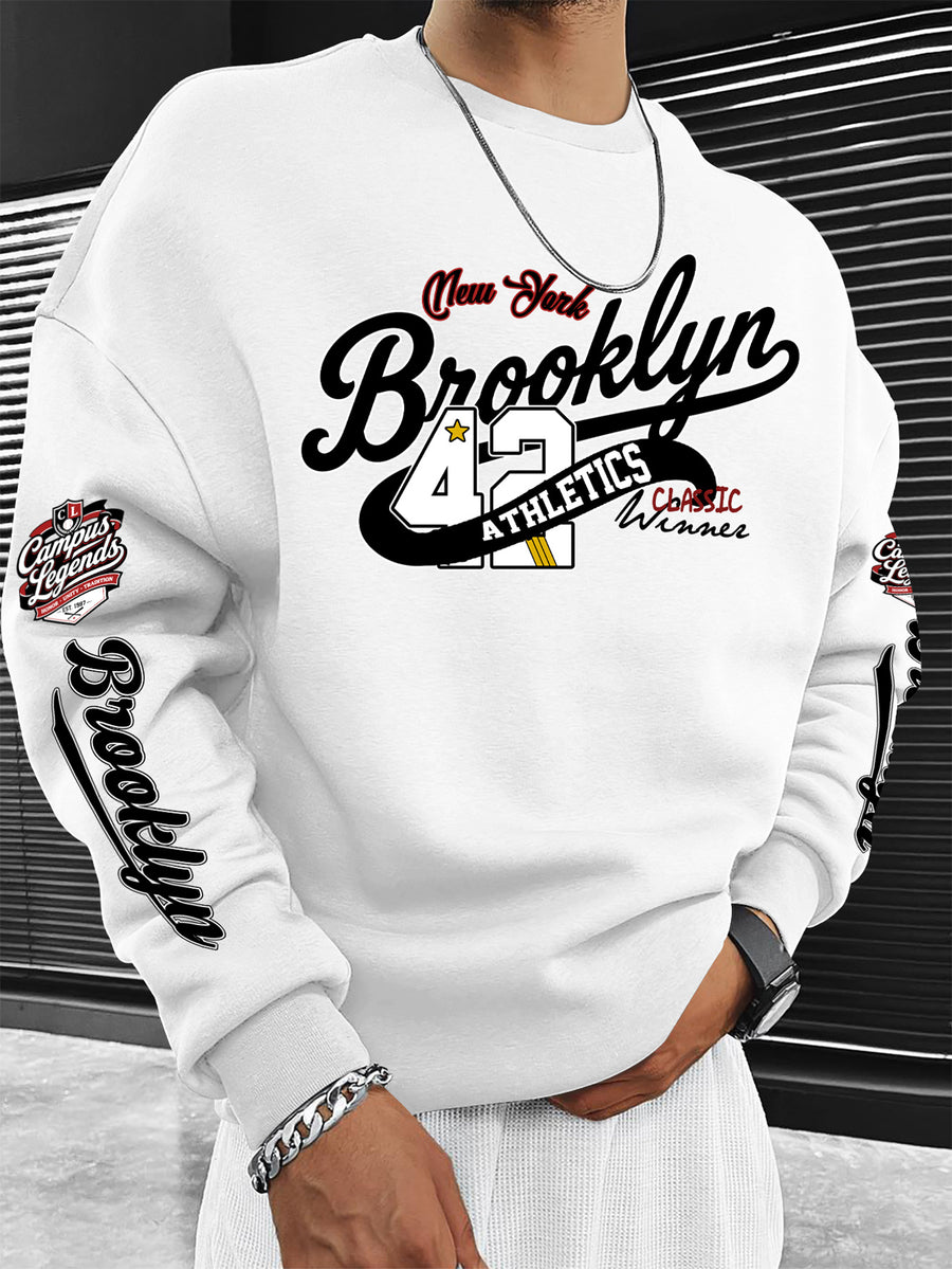 New Men's Crew Neck Sweatshirt, American Vintage Style with City Name Letter Print - White
