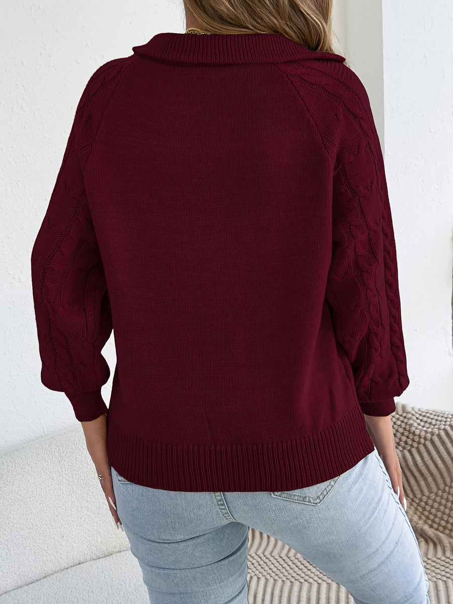 Autumn and Winter Leisure Vacation Pullover Sweater Solid Color Zipper Lapel Women's Sweater - Burgundy