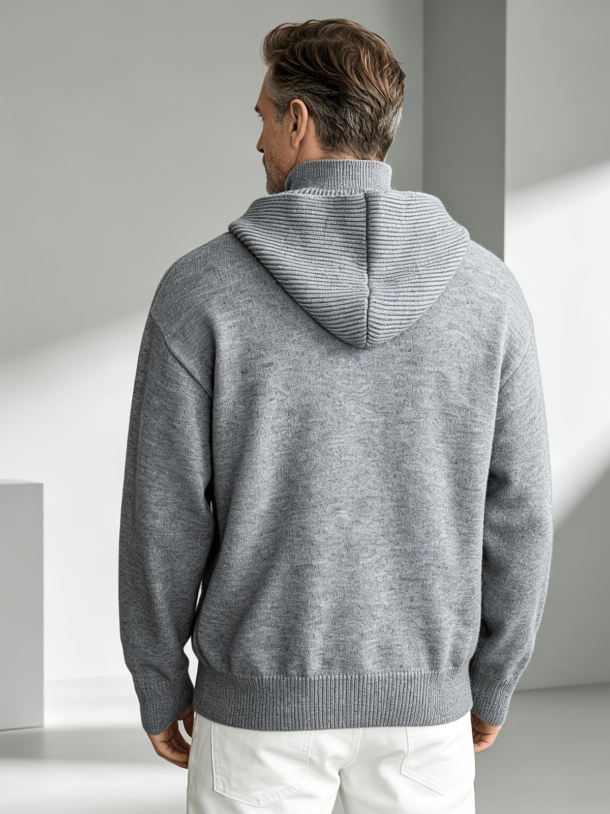 2026 New Fashionable Business Mature Casual Men'S Hooded Long Sleeve Knit Sweater, Slim Soft Warm Solid Color Knit Pullover Top, Fall Winter Suitable for Daily Office And Weekend Casual Outfits - Grey