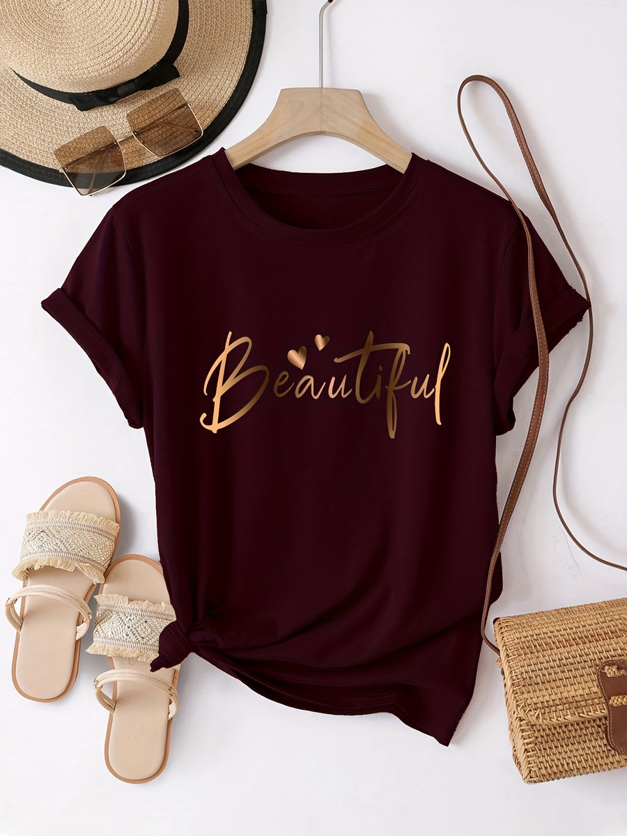 Spring Summer Easy Round Neck Fashion Loose Versatile Casual Short Sleeve T-Shirt Heart Letter Women'S Top Pattern - Burgundy