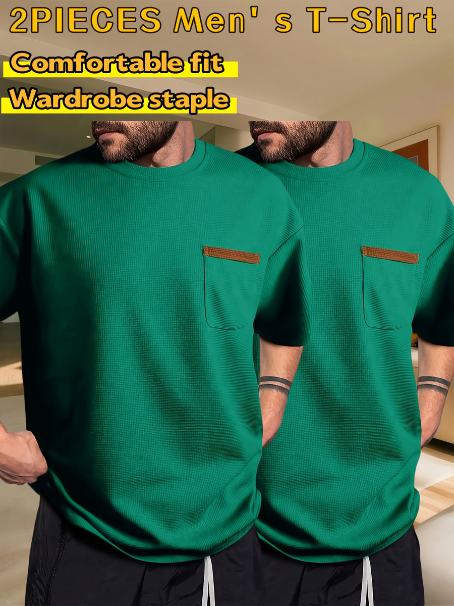 Men's Waffle-Knit Short Sleeve T-Shirt - Breathable Base Layer & Casual Round Neck Pocket Tee, Solid Color Suitable for Gym, Casual Attire, Machine Washable, Spring/Summer Layering Shirt, High-Fit Rate for Lifestyles - Green+green