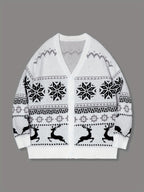 Men's Winter Snowflake and Elk All-Over Print V-Neck Button-Up Long Sleeve Cardigan, Unisex Casual Versatile Loose Sweater Jacket for Spring, Autumn, and Winter - Grey