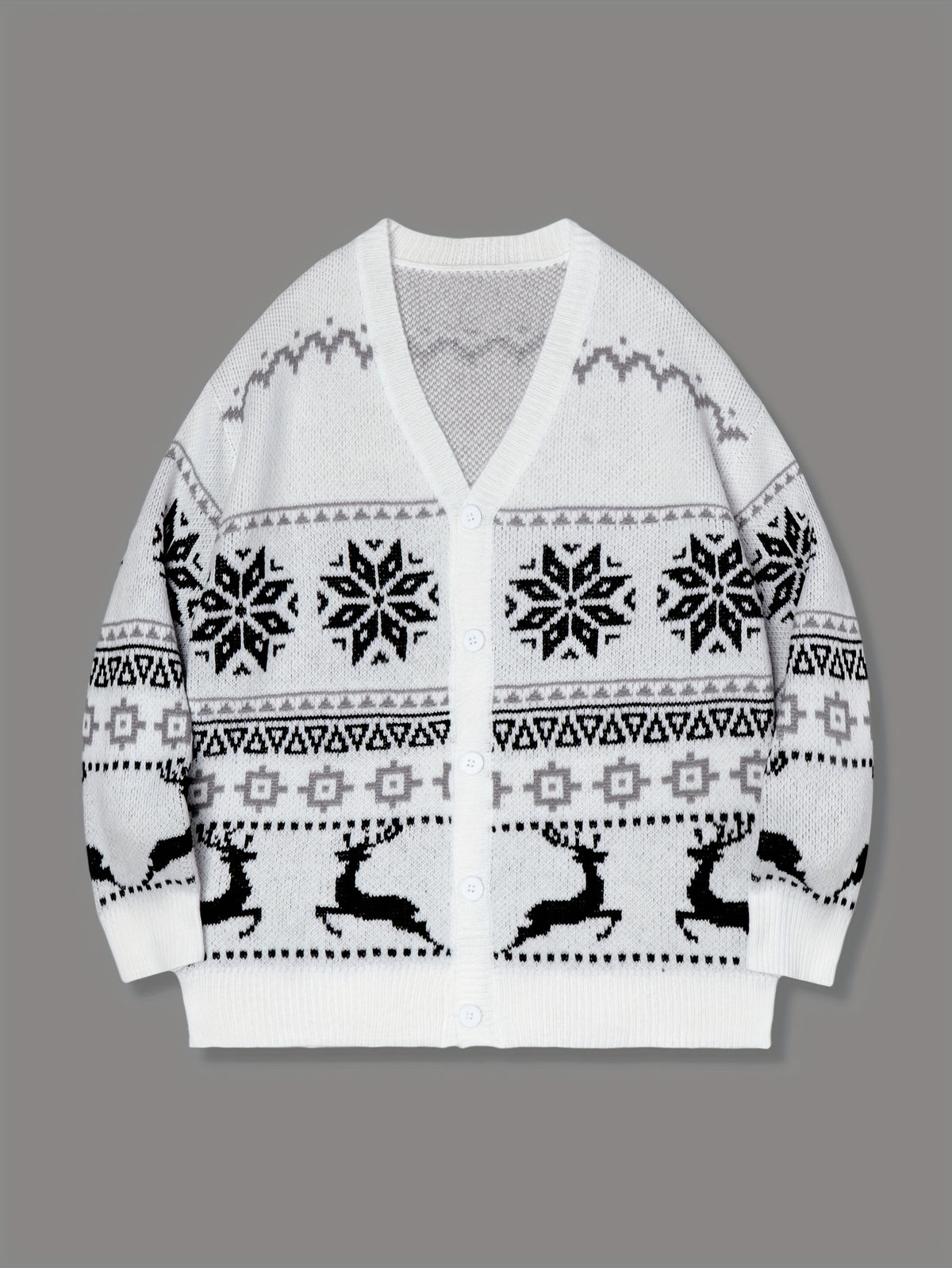 Men's Winter Snowflake and Elk All-Over Print V-Neck Button-Up Long Sleeve Cardigan, Unisex Casual Versatile Loose Sweater Jacket for Spring, Autumn, and Winter - Grey