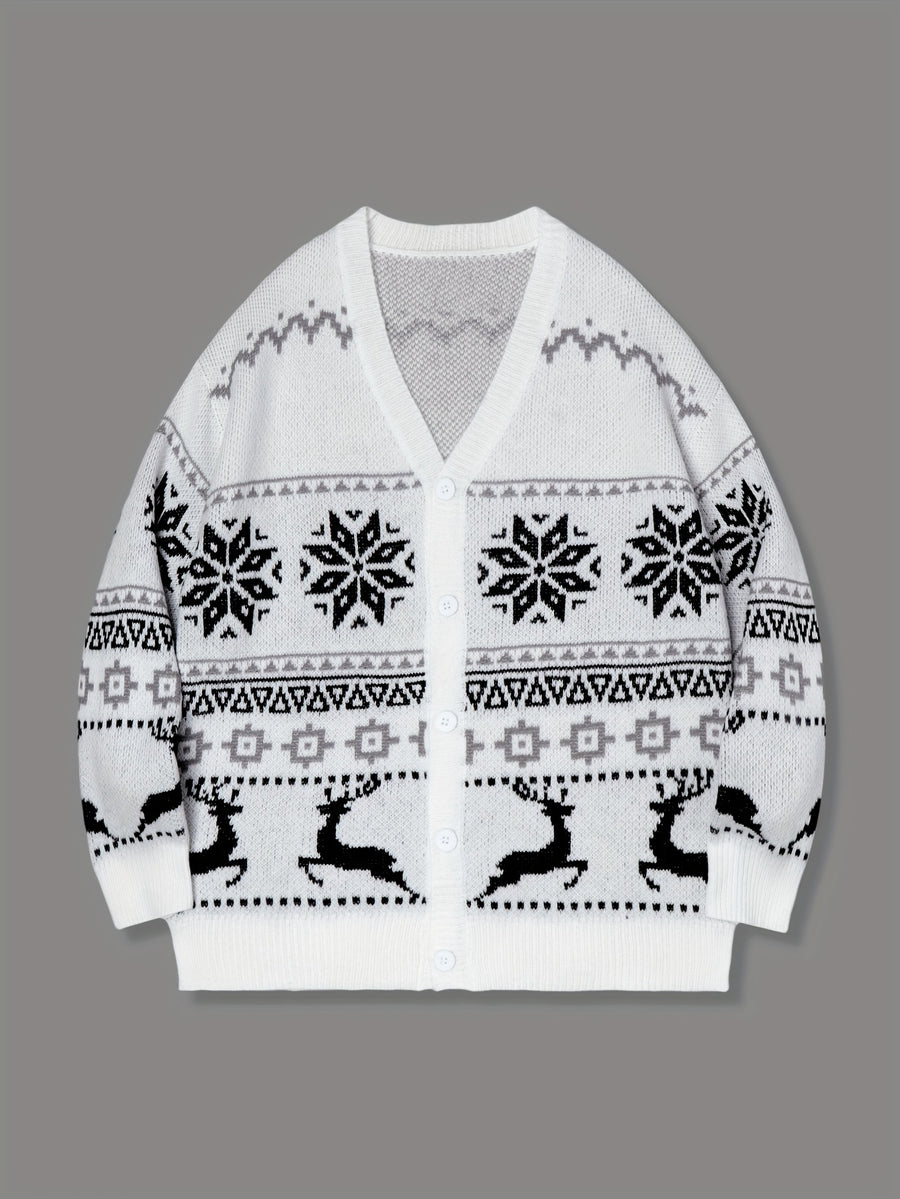 Men's Winter Snowflake and Elk All-Over Print V-Neck Button-Up Long Sleeve Cardigan, Unisex Casual Versatile Loose Sweater Jacket for Spring, Autumn, and Winter - Grey