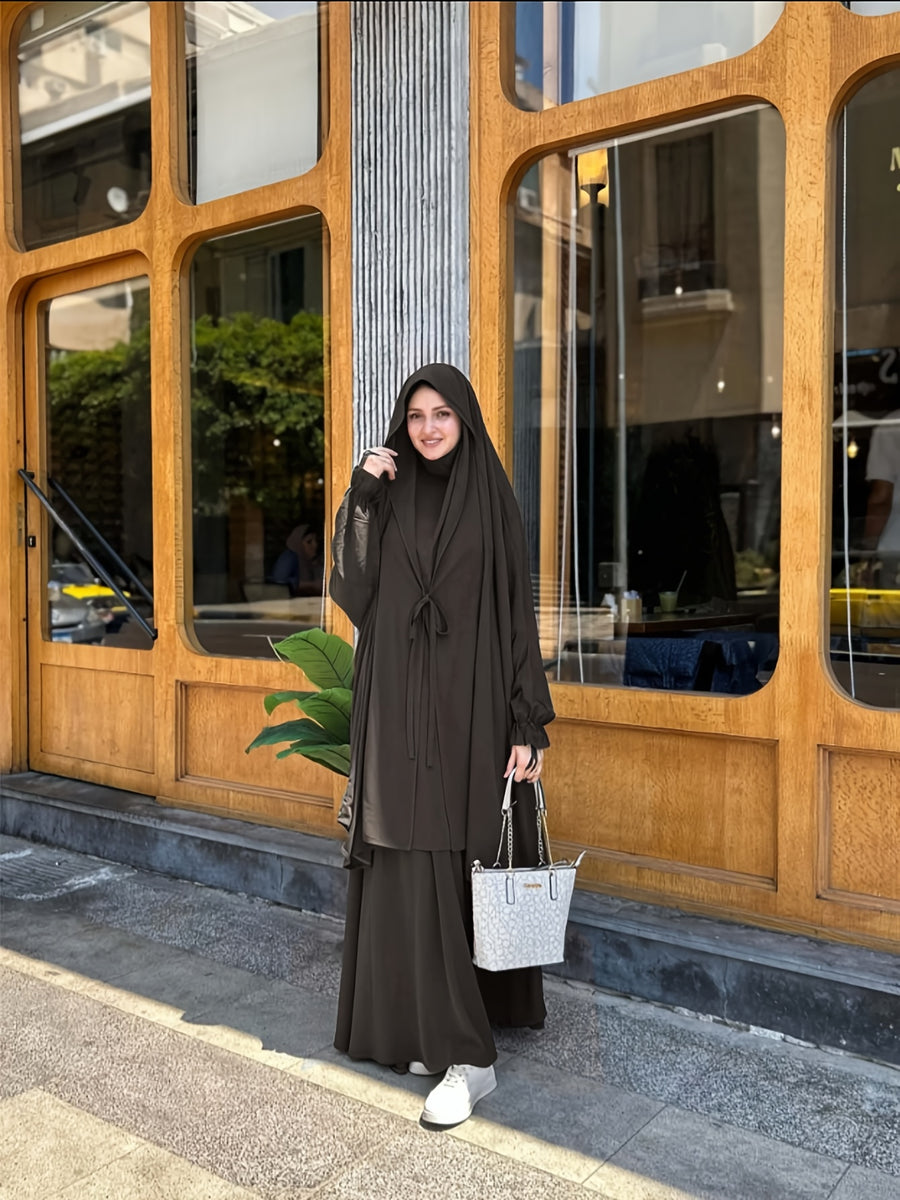 New Cross-Border Middle East Solid Color Women's Lace-Up Abaya 2pcs Set with Large Headscarf, Arabic Style P302 - Coffee Color