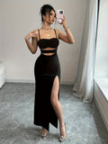 Women'S Spring/Autumn Solid Color Sexy Elegant Vacation Waist Hollow High Slit Backless Off-Shoulder Camisole Bodycon Long Dress - Black