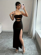 Women'S Spring/Autumn Solid Color Sexy Elegant Vacation Waist Hollow High Slit Backless Off-Shoulder Camisole Bodycon Long Dress - Black
