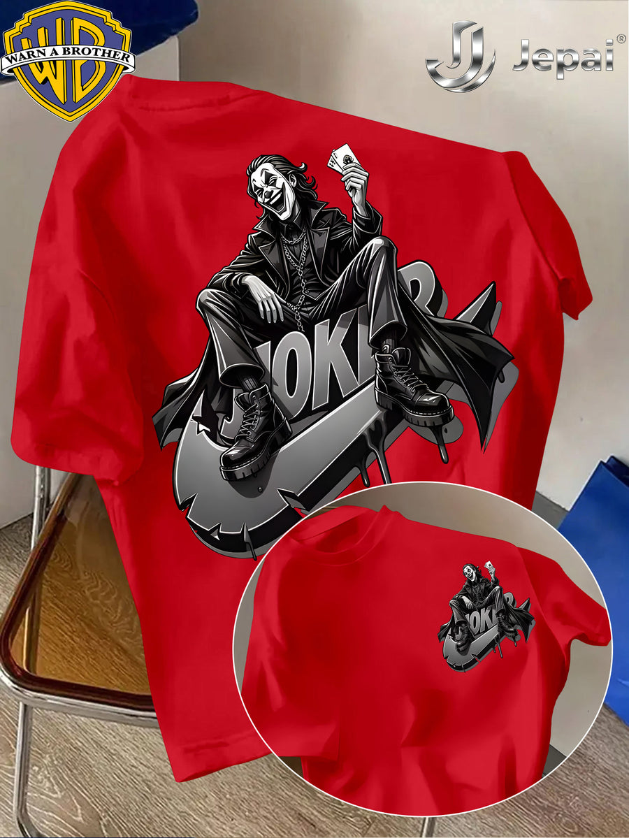 Warner Exclusive, Vintage Street Style DC Joker Themed Print Men's Summer Basic Daily Casual Short-Sleeve Top, Casual Crew Neck Shirt, Suitable for Outdoor Wear, Fitness, Office, and Daily Outfits, an Essential Item for Men's Basic Wardrobe - Red