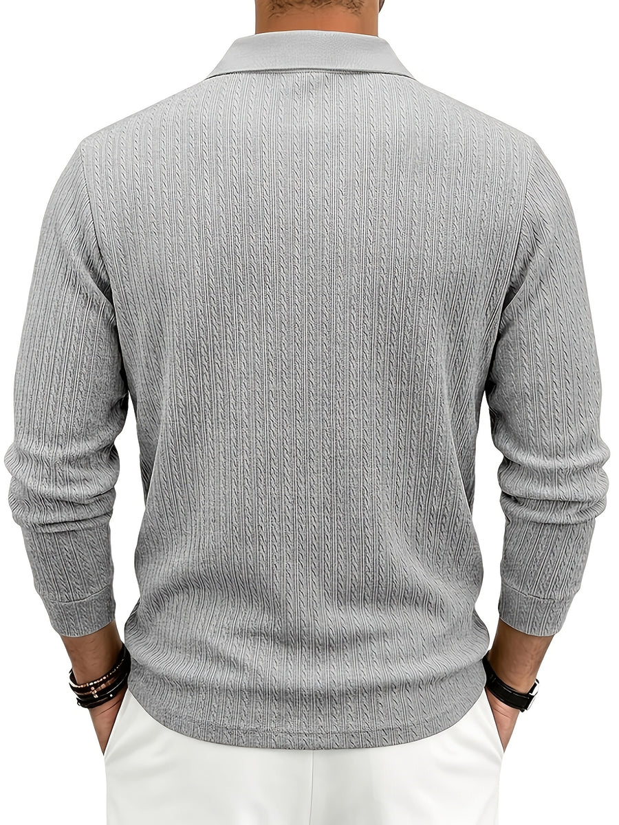 Spring/Autumn Men'S Long Sleeve Polo Shirt, High-Elastic Textured Vertical Rib Jacquard Collar T-Shirt, Business Casual Slim Fit Versatile Solid Color Pullover Top - Grey