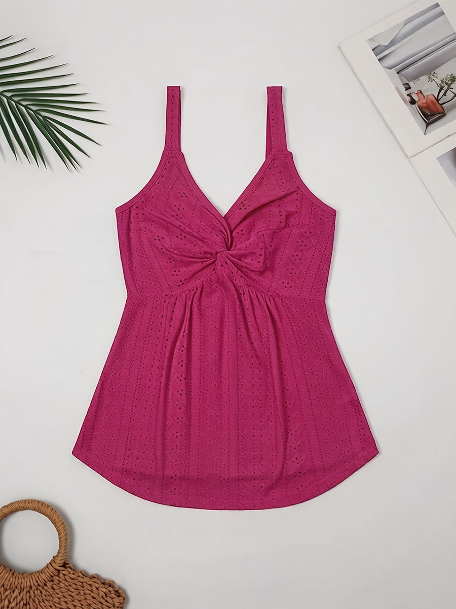 Western-style Women's Top with a Twisted Knot Design on the Chest, Made of Textured Lace Jacquard Fabric. A Spring/summer Beach, Outing, Date, or Vacation Shirt. "European Users Are Advised to Purchase One Size Smaller." - Rose Red