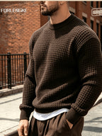 FORLENGKE Autumn/Winter New Arrival Men's Round Neck Waffle Knit Sweater, Three-Dimensional Checkered Weave Texture, Loose Fit Long Sleeve Pullover, Solid Color Basic Style for Daily Streetwear, Commuting, Simple and Versatile, Casual Inner or Outer - Coffee Color