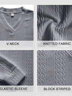 Fall Winter Men'S Casual Cable Knit Pullover, V-Neck Long Sleeve Textured Sweater with Ribbed Neckline, Cuffs, And Hem, Relaxed Everyday Top for Business Casual, Weekend, Dinner, Vacation, Travel, And Outdoor Walks - Space Gray