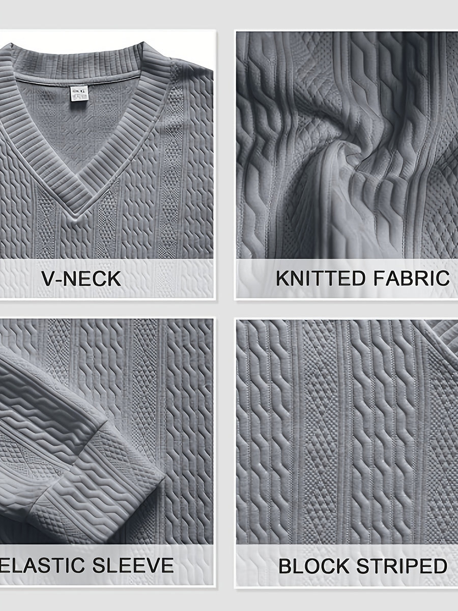 Fall Winter Men'S Casual Cable Knit Pullover, V-Neck Long Sleeve Textured Sweater with Ribbed Neckline, Cuffs, And Hem, Relaxed Everyday Top for Business Casual, Weekend, Dinner, Vacation, Travel, And Outdoor Walks - Space Gray