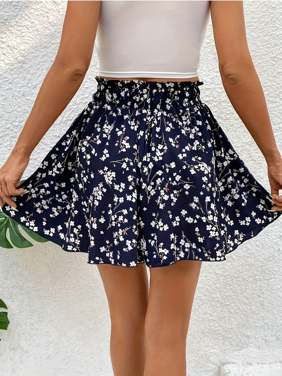 Women's Fashionable Printed Polyester- Stretch Shorts with a Faux Drawstring Design, Featuring a Casual High-waist Elastic Fit for Leisure and Vacation Wear - Multicolor